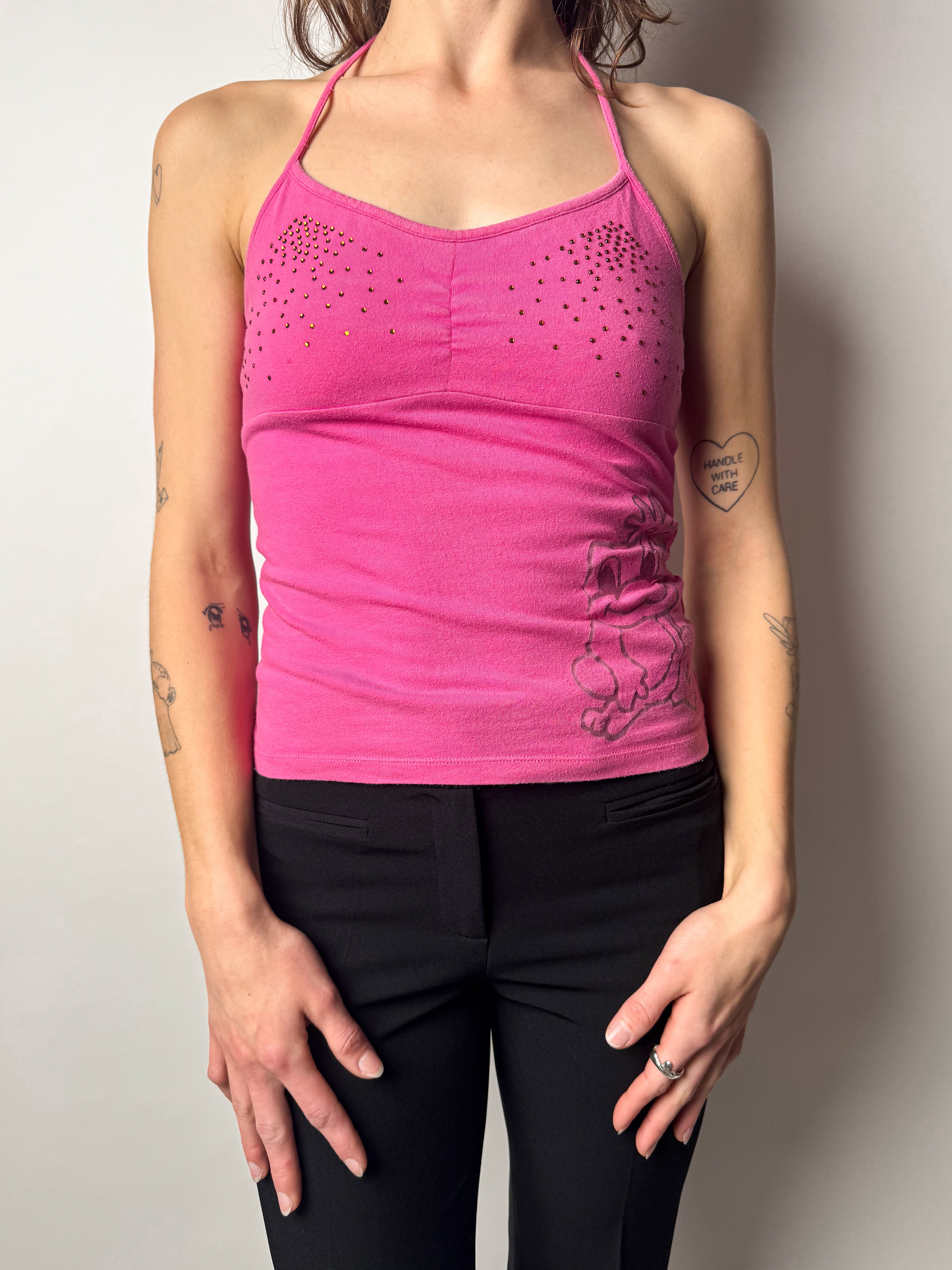 גופיית קולר ורודה עם הדפס ויהלומים (S)