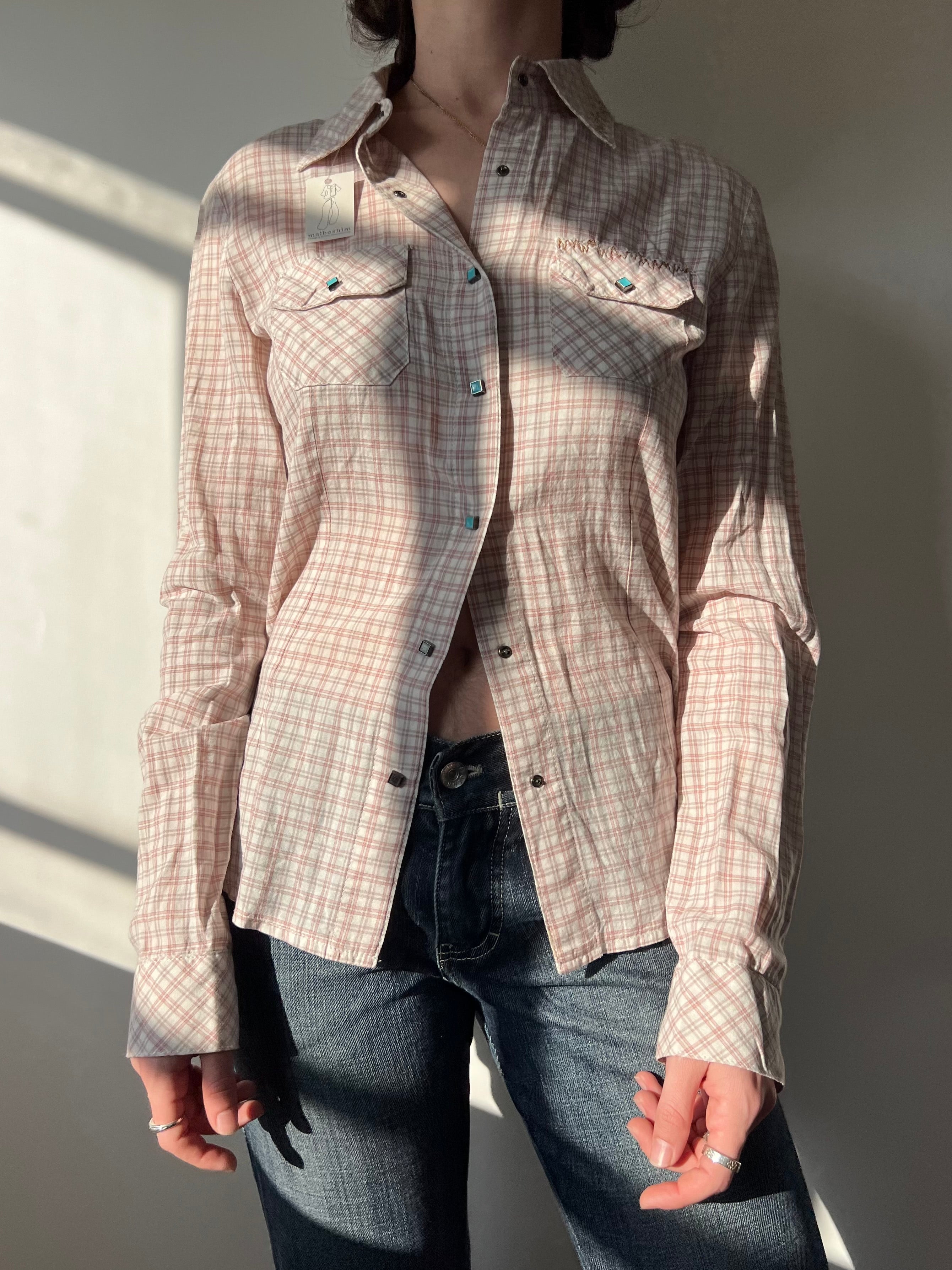 חולצה מכופתרת משבצות בשילוב בד ריב Y2K (M)