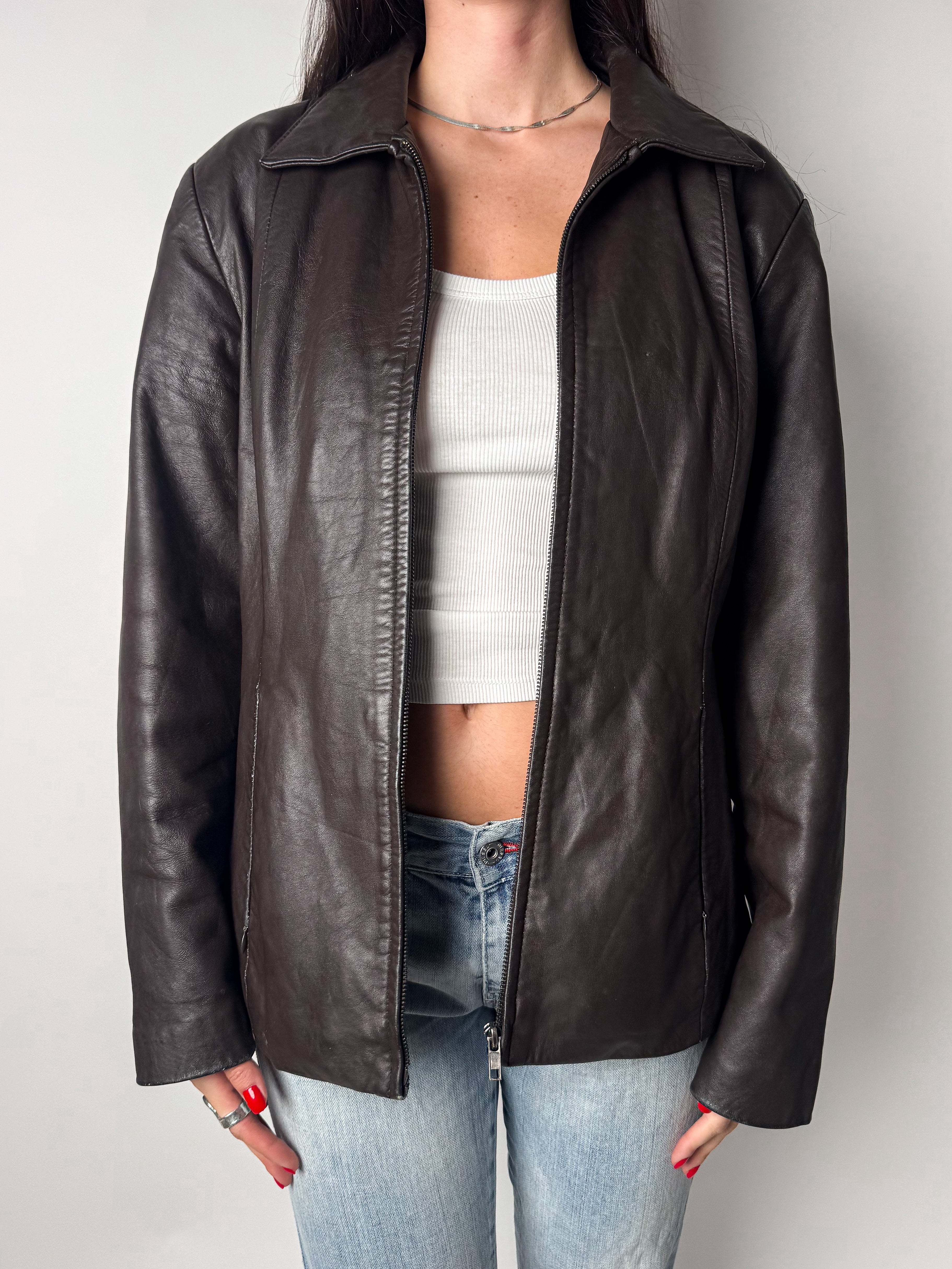 מעיל עור חום (L)