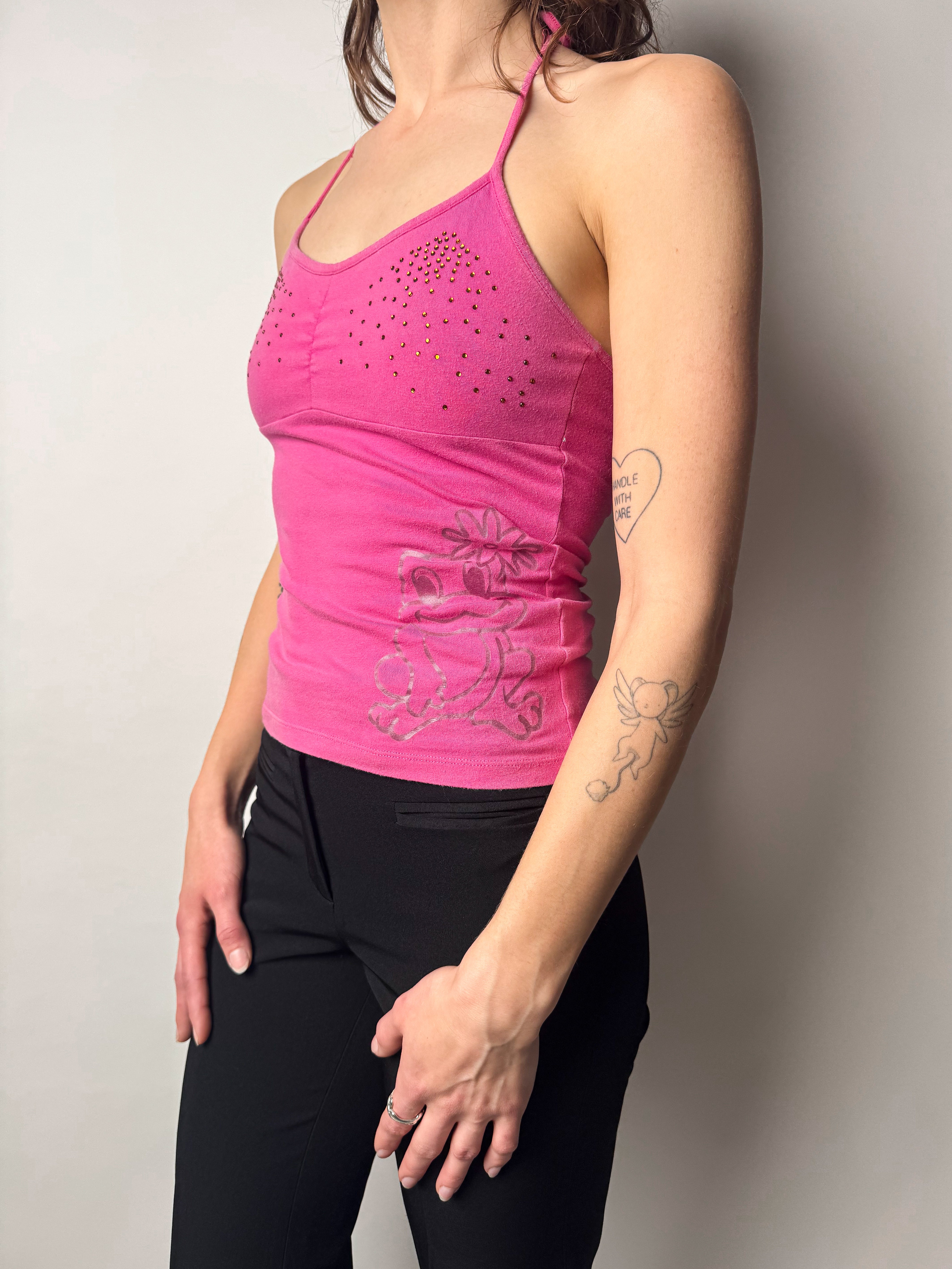 גופיית קולר ורודה עם הדפס ויהלומים (S)