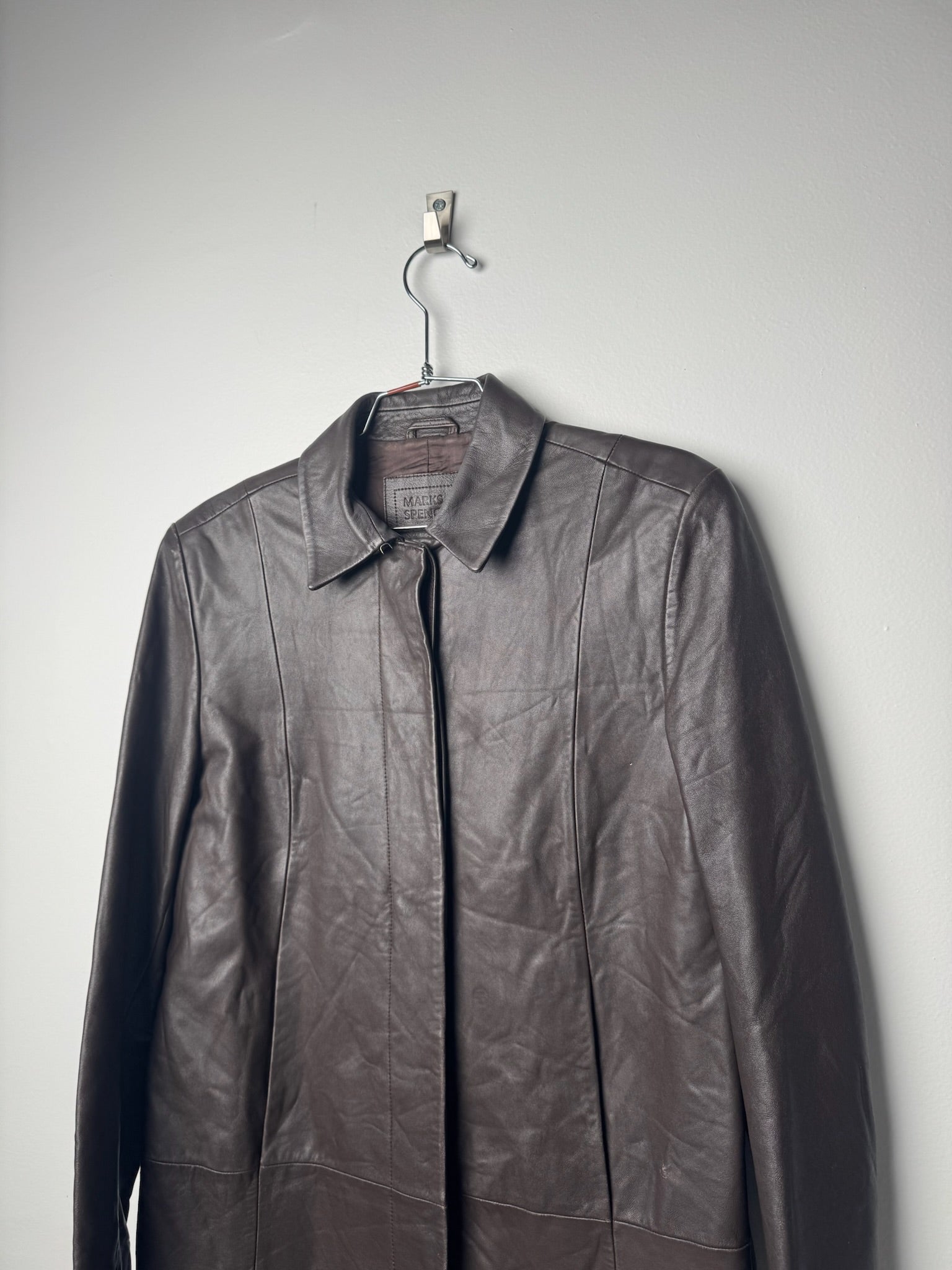 מעיל עור חום כהה ארוך (M)