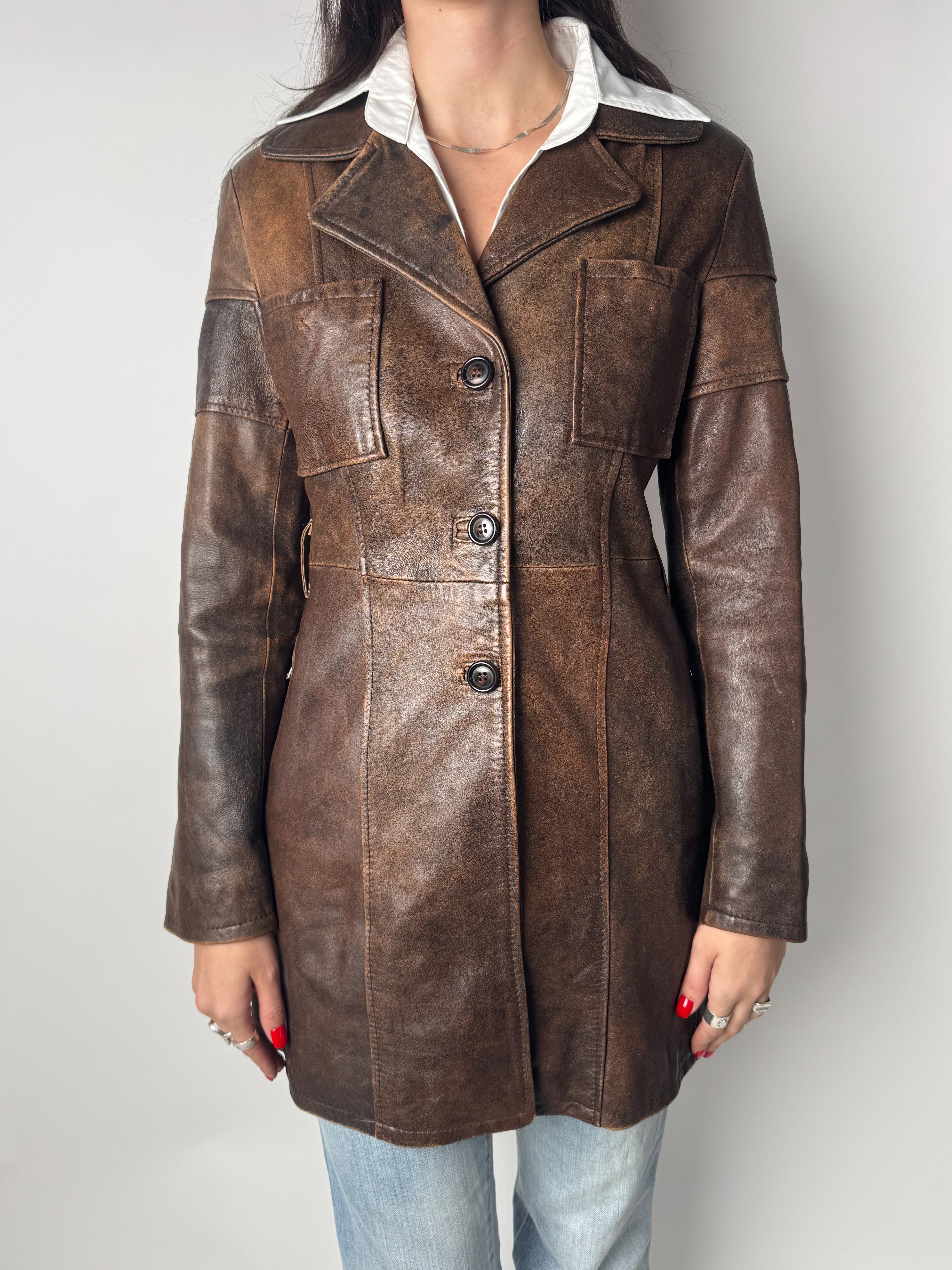 מעיל עור חום ארוך (S)