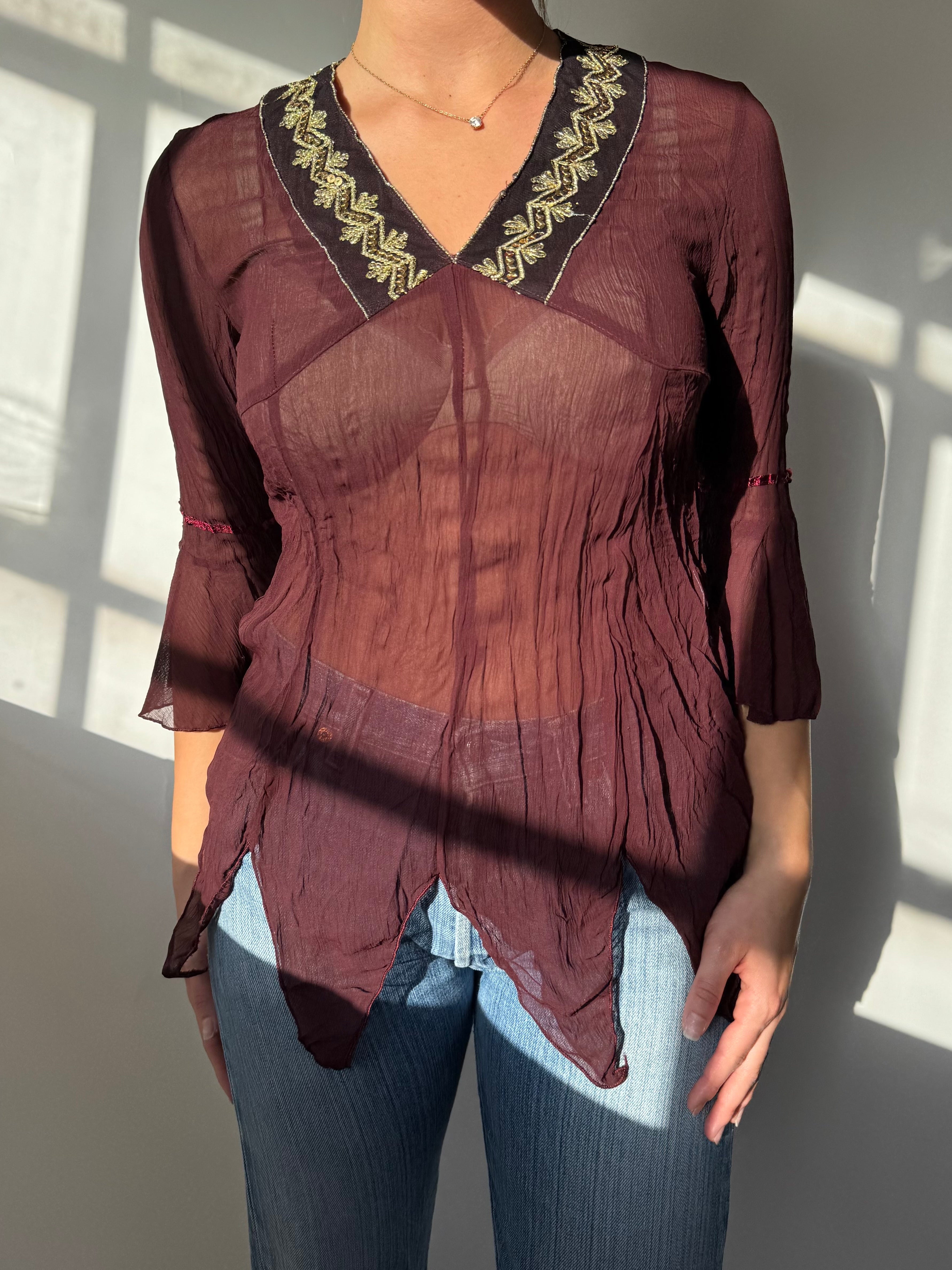 חולצת שיפון בשילוב עיטורי זהב (M)