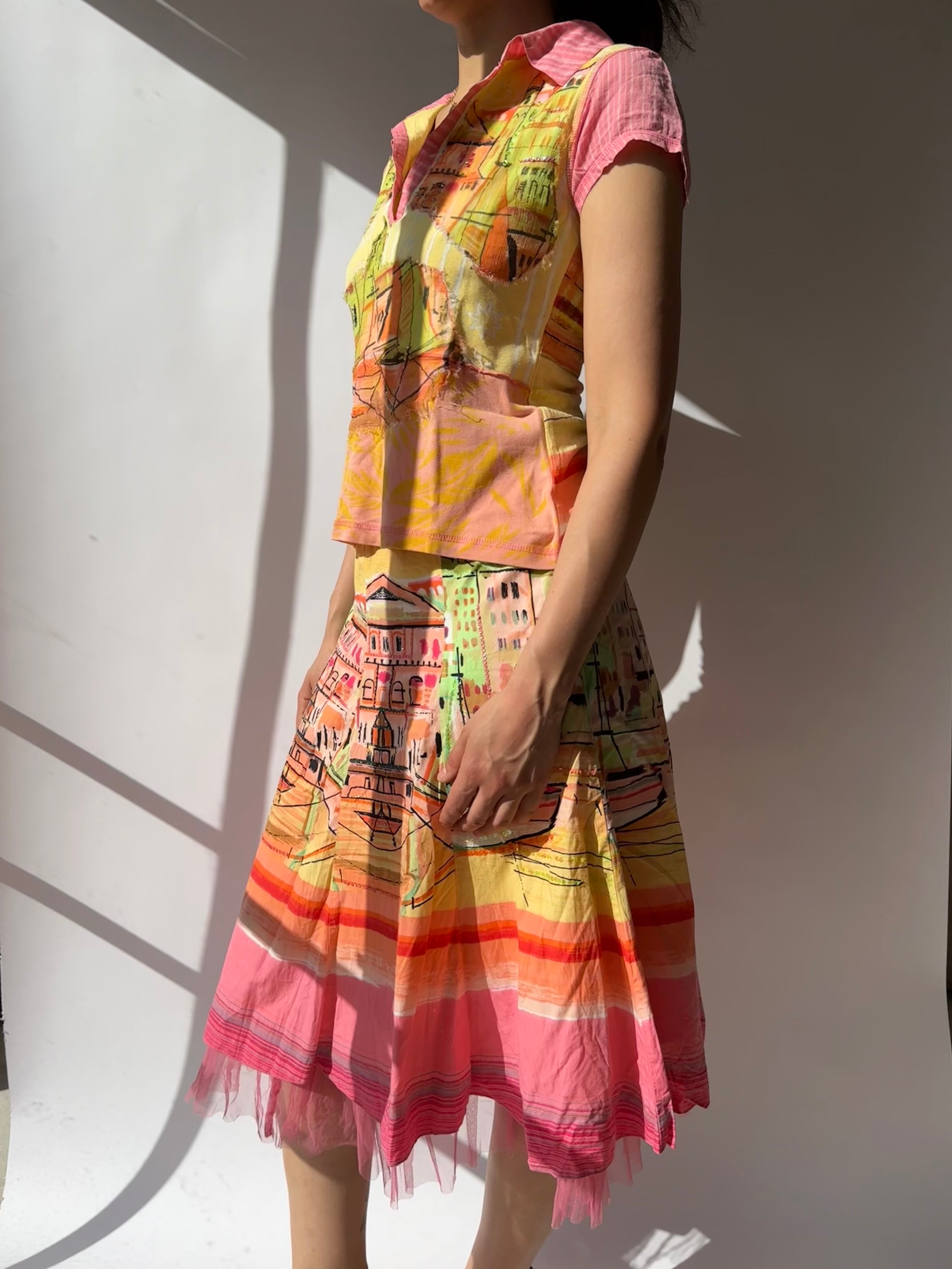 חליפת חולצה וחצאית צבעונית (M)