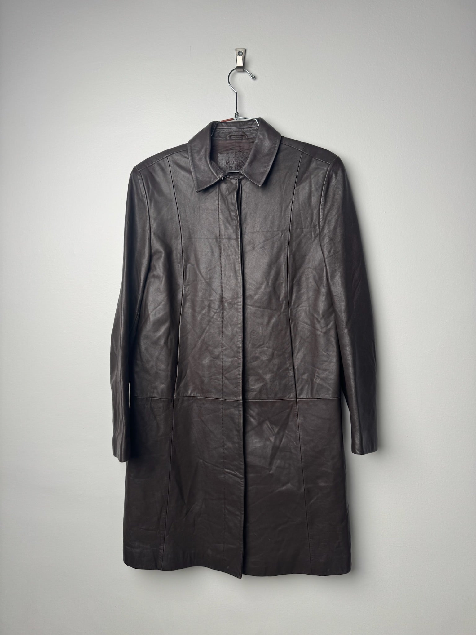 מעיל עור חום כהה ארוך (M)