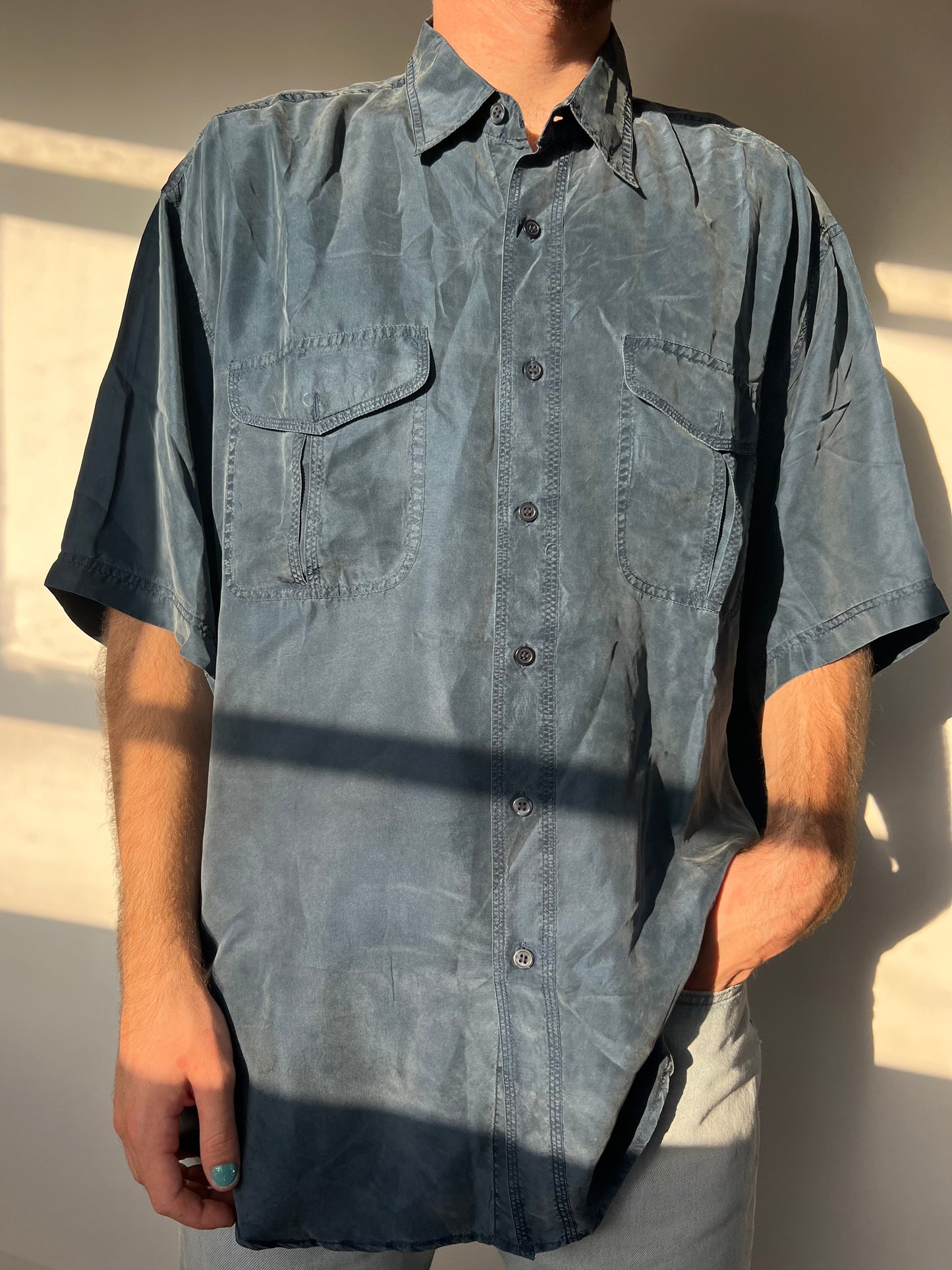 חולצה מכופתרת כחול נייבי משי (XL)