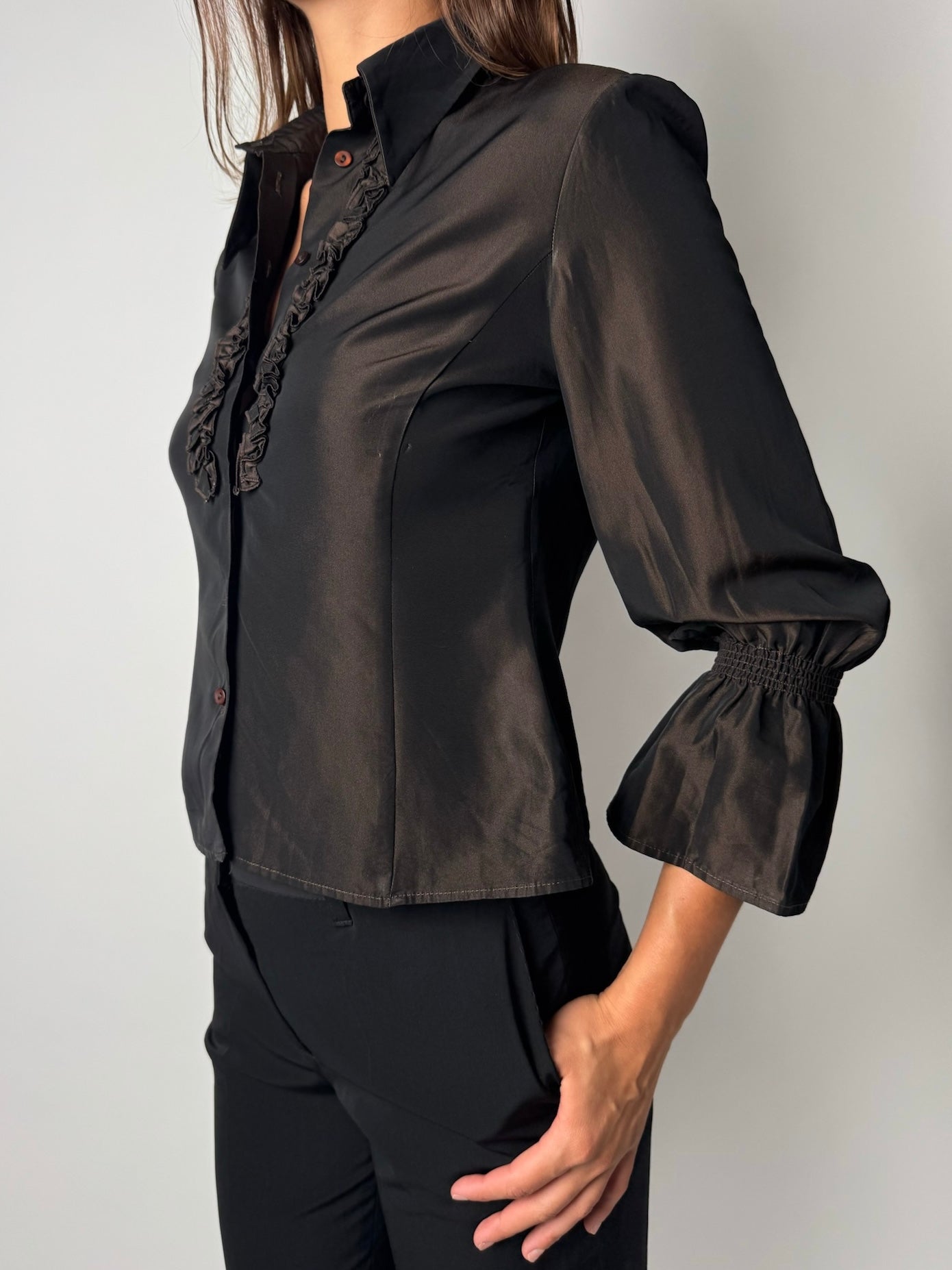 חולצה מכופתרת מטאלית בשילוב מלמלה (S-M)