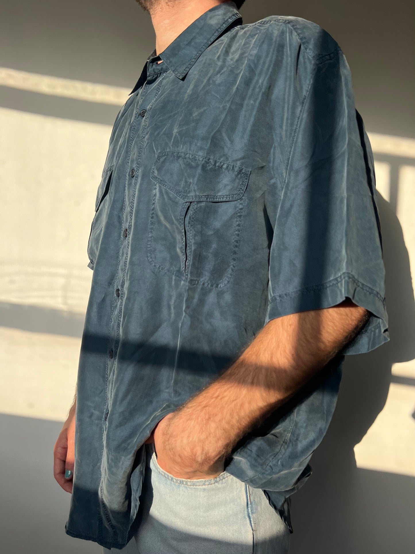 חולצה מכופתרת כחול נייבי משי (XL)