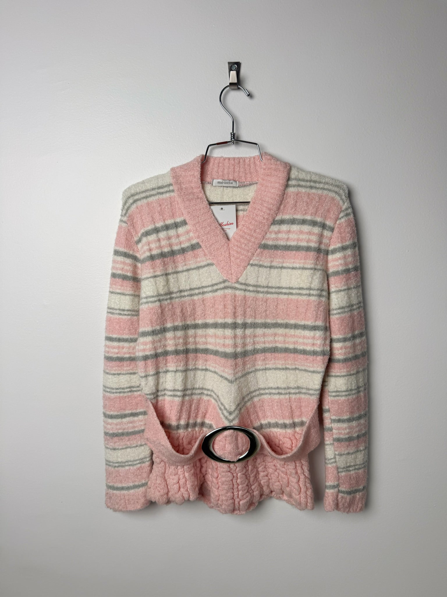 סריג ורוד פסים בשילוב חגורה (M)