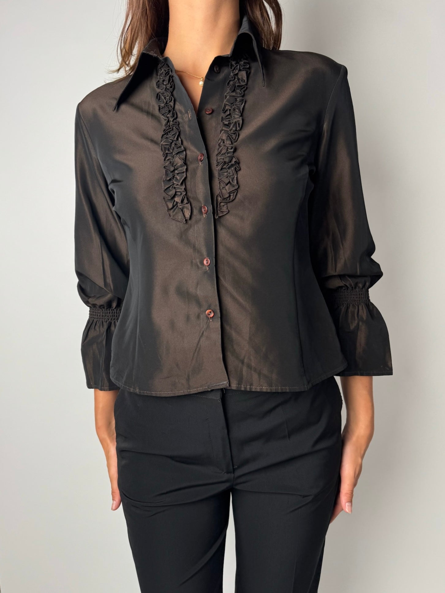 חולצה מכופתרת מטאלית בשילוב מלמלה (S-M)