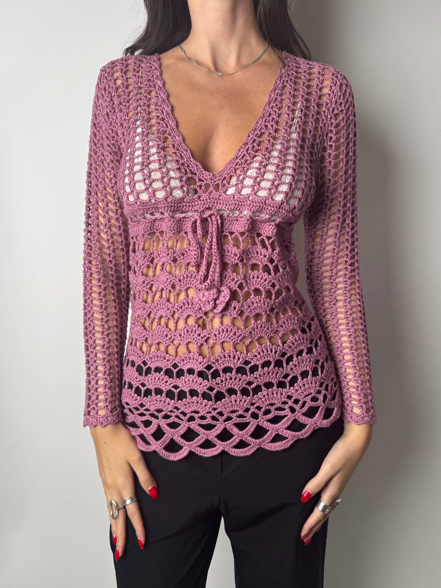 ‎חולצת קרושה סרוגה ורודה (M)