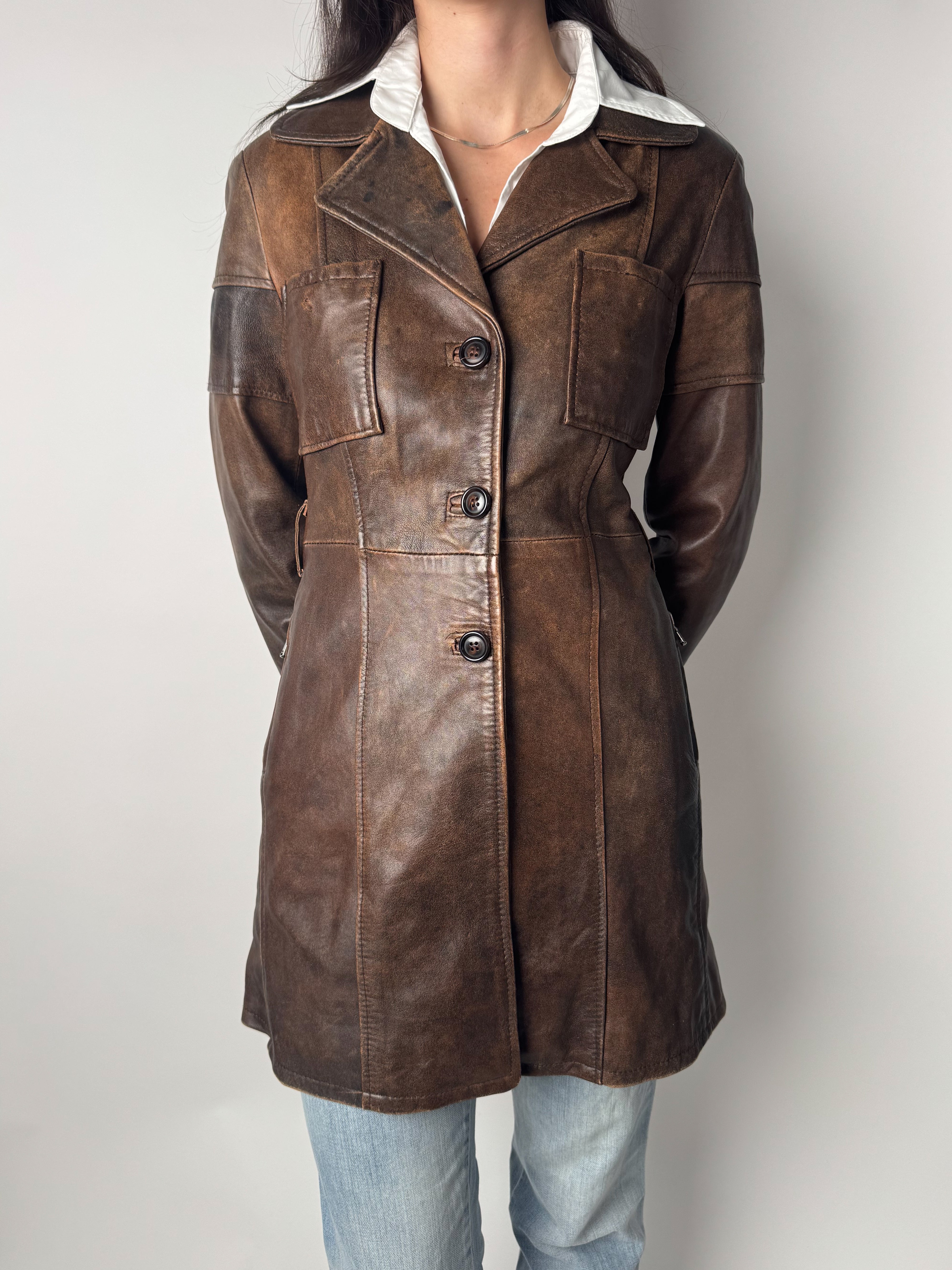 מעיל עור חום ארוך (S)